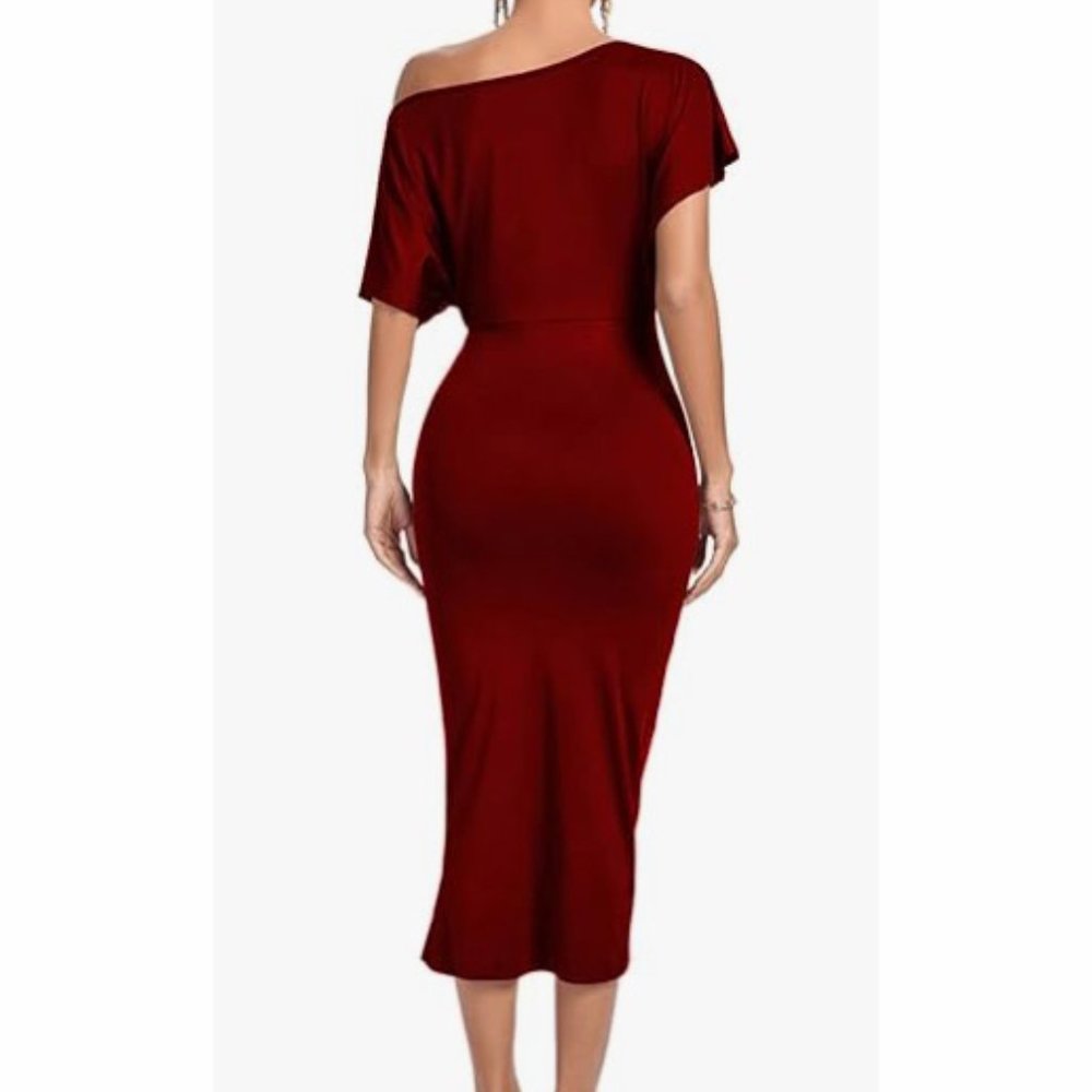 One Off The Shoulder Ruched Wrap Front Split Hem Draped Midi Dress Size Large - Picture 2 of 16